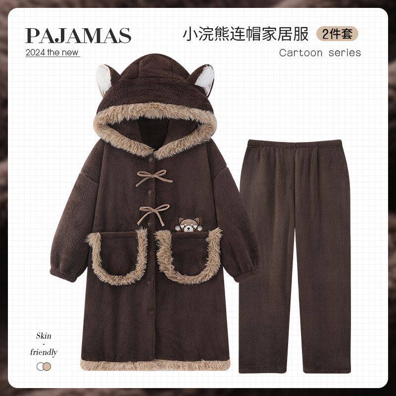 可爱小熊猫连帽珊瑚绒睡袍女冬季睡衣/家居服套装