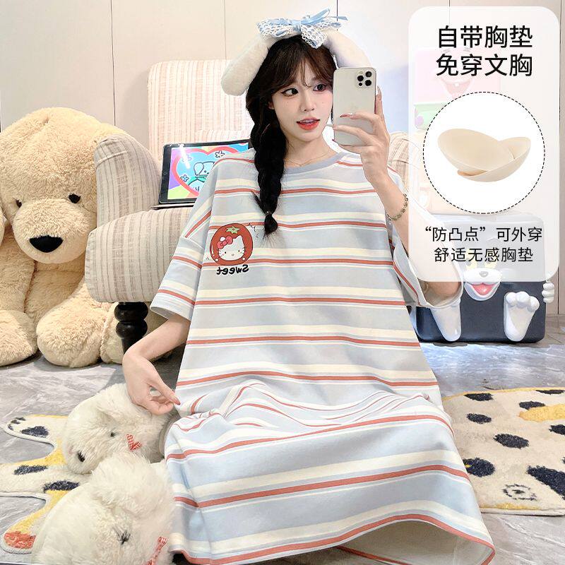 条纹睡裙带胸垫女款爆款2026新款短袖中长款高颜值大码孕妇睡衣裙
