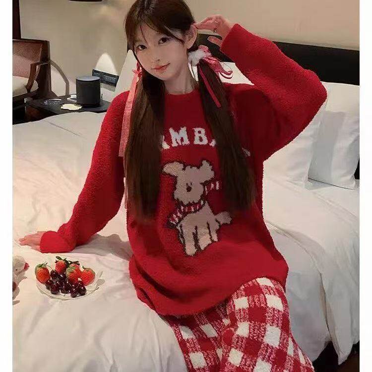 新款睡衣女冬季半边绒新年红甜美卡通小狗加厚保暖冬天家居服套装