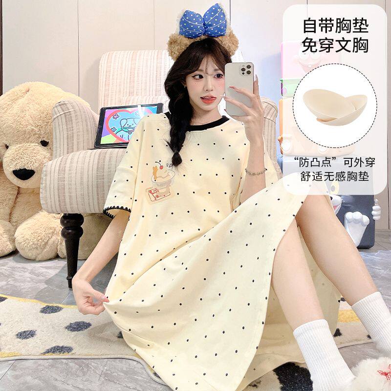 睡裙女款2026夏季新款带胸垫一体波点冰淇淋短袖少女可外穿家居服