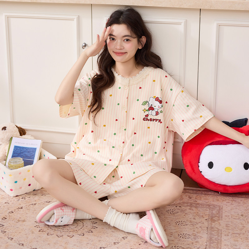 2026新款夏季女士棉质蕾丝短袖睡衣可爱短裤套装大码家居服可外穿