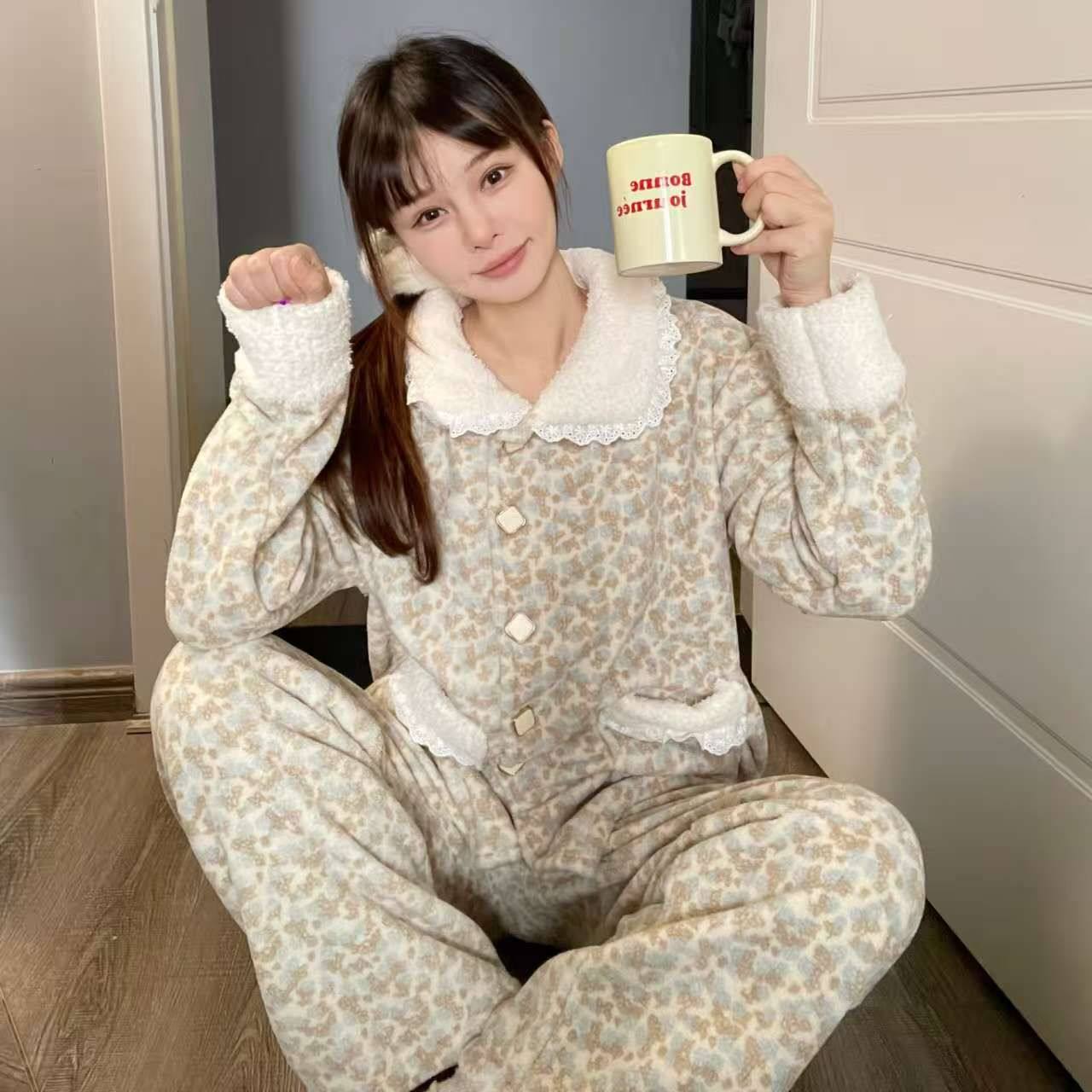 冬季新款小清新碎花甜美加绒加厚睡衣保暖毛绒绒高级感家居服套装