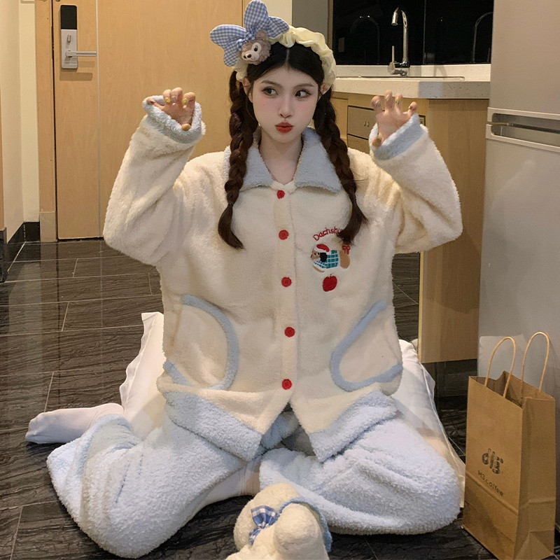 韩版少女可爱腊肠狗睡衣女秋冬季珊瑚绒加厚加绒法兰绒保暖家居服