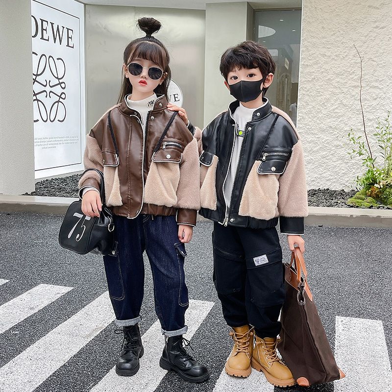 男女童皮衣外套2022新款洋气儿童加绒机车服中大童pu皮夹克秋冬款