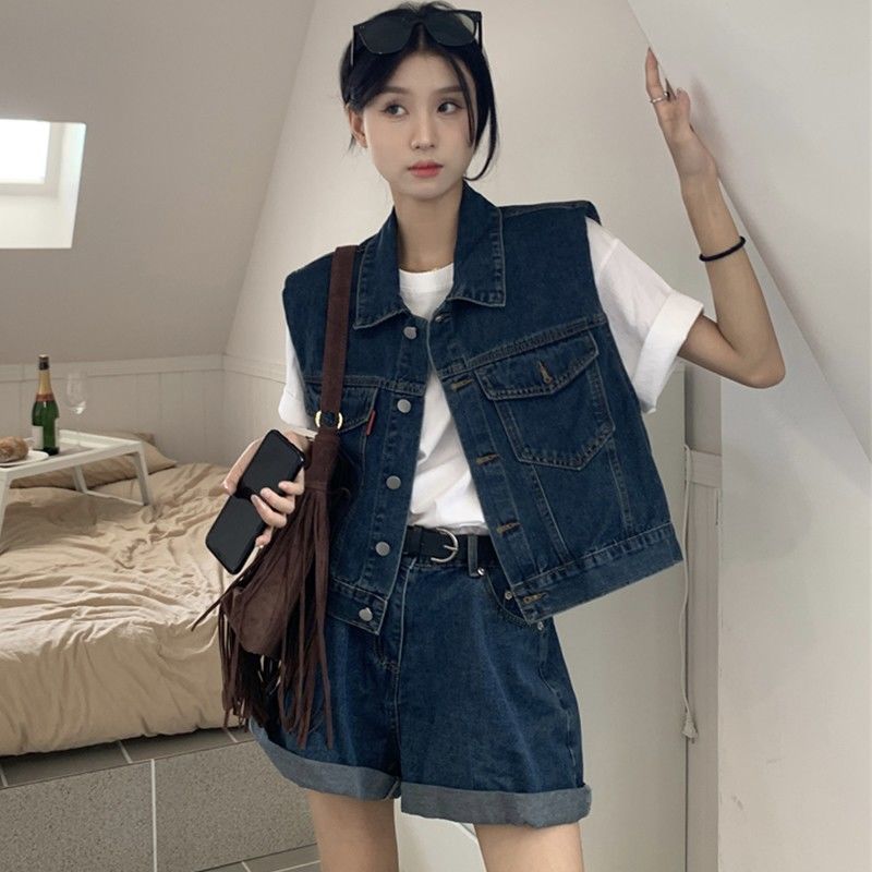 设计感大码马甲牛仔套装女夏季薄款短款外套上衣短裤两件套胖妹妹