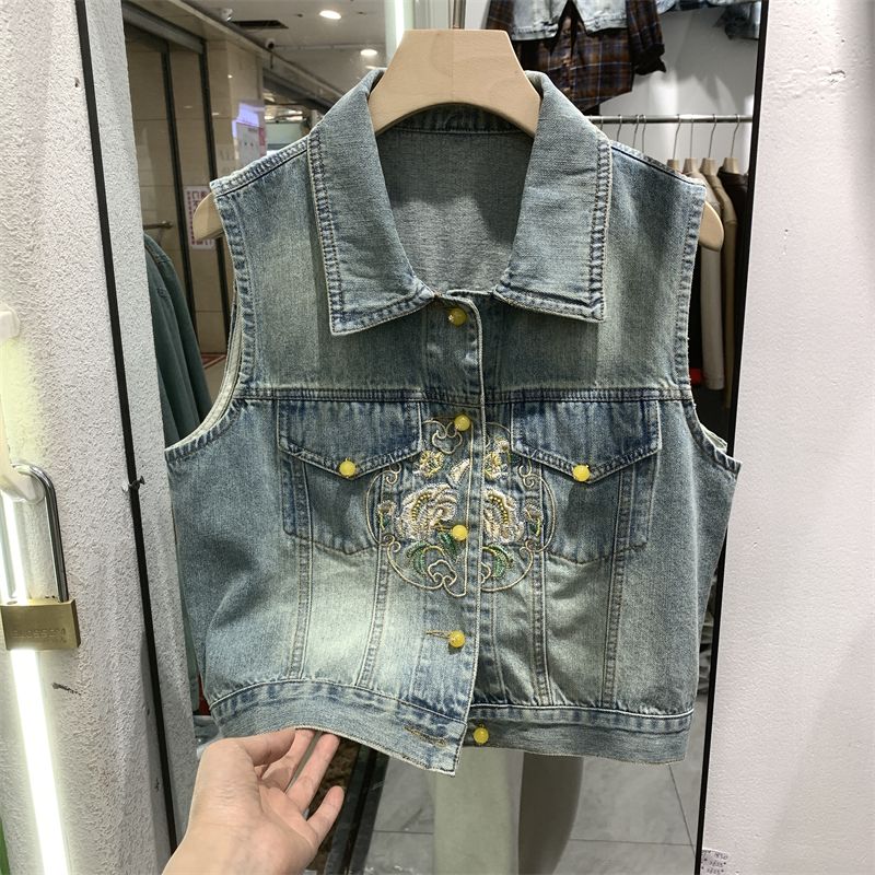 国风刺绣牛仔马甲女短款上衣2024夏新款新中式无袖背心坎肩外套潮