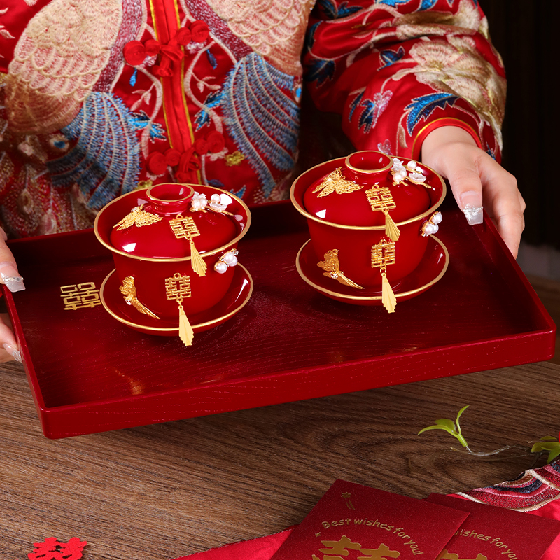 结婚庆用品改口敬茶杯套装一对喜碗杯子婚礼红色茶具敬酒敬茶托盘