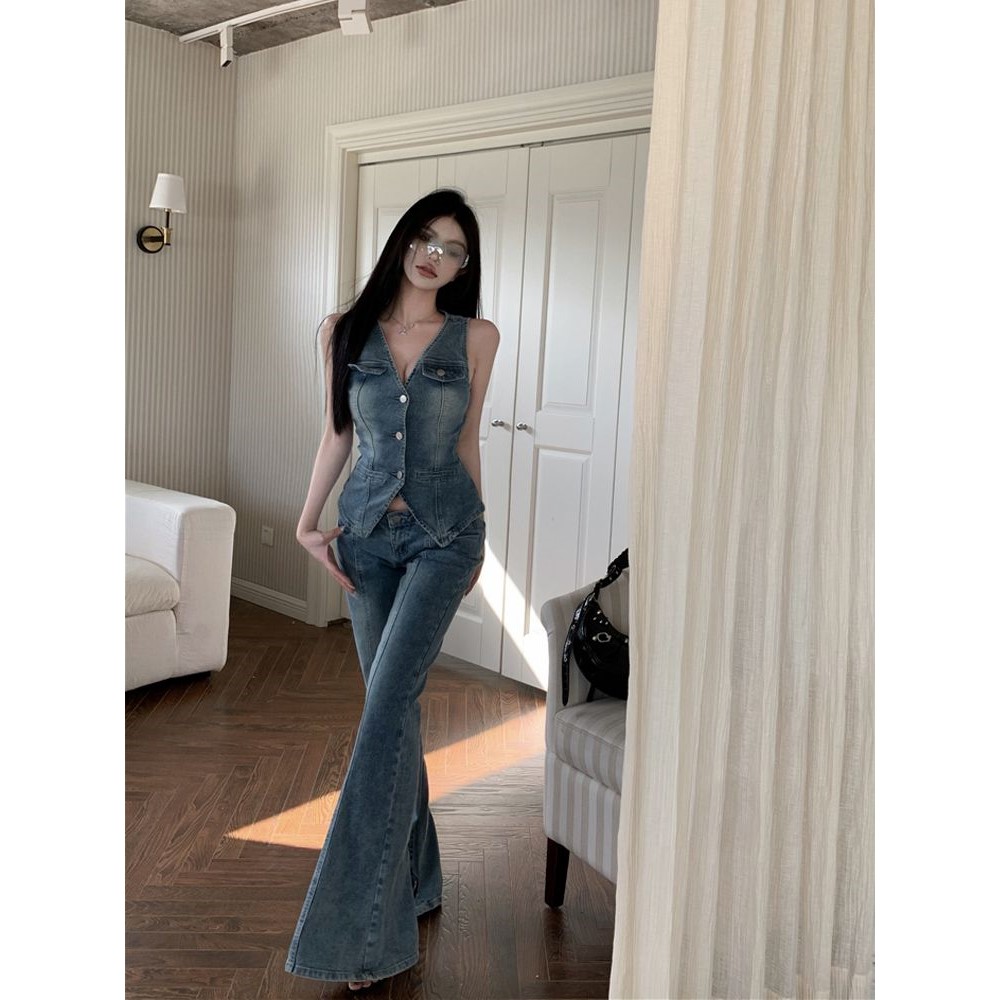 时尚甜辣妹牛仔套装女夏季新款做旧牛仔马甲背心高腰喇叭裤两件套