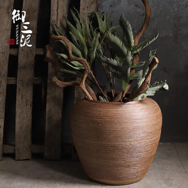 干花缸鱼坛落地圆大缸园林客厅陶瓷花瓶复古摆件花盆大号粗陶子