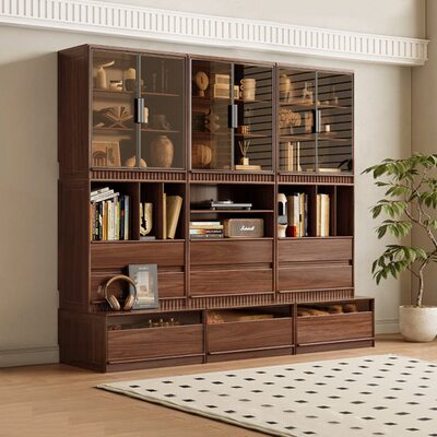 黑胡桃木多功能组合柜家用客厅电视柜卡座一体书柜整墙实木储物柜