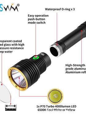 新款杰.德莱特水陆双用P70白光黄光潜水手电筒家用赶海防水手电筒