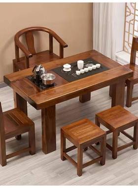 7T老船木小户型阳台茶桌椅组合实木办工茶客厅几家用简约小型桌台