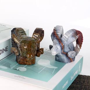 天然水晶海洋碧玉羊头雕刻件打磨水晶工艺品原石矿标家居装饰摆件