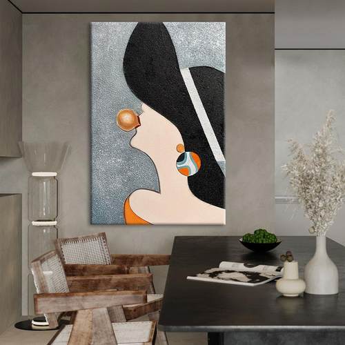 现代时尚女郎肌理画客厅抽象人物手绘油画玄关丙烯石英砂装饰挂画