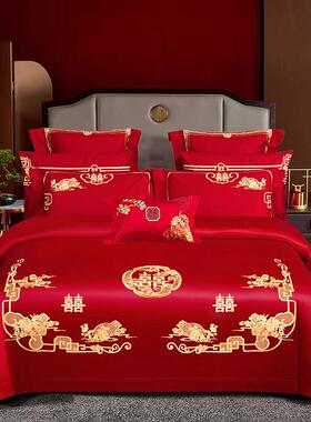 结婚100支长绒棉四件套A类母婴级刺绣六件套大红色中式床上多件套