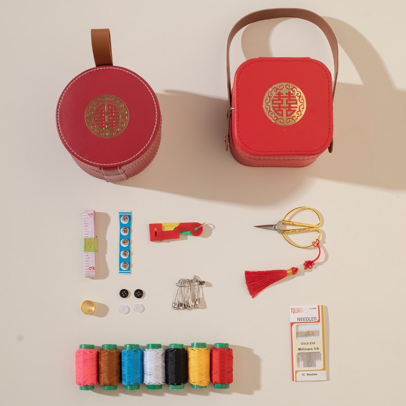 针线盒结婚陪嫁用品大全红色家用嫁妆婚庆L女方缝纫针线收纳盒套