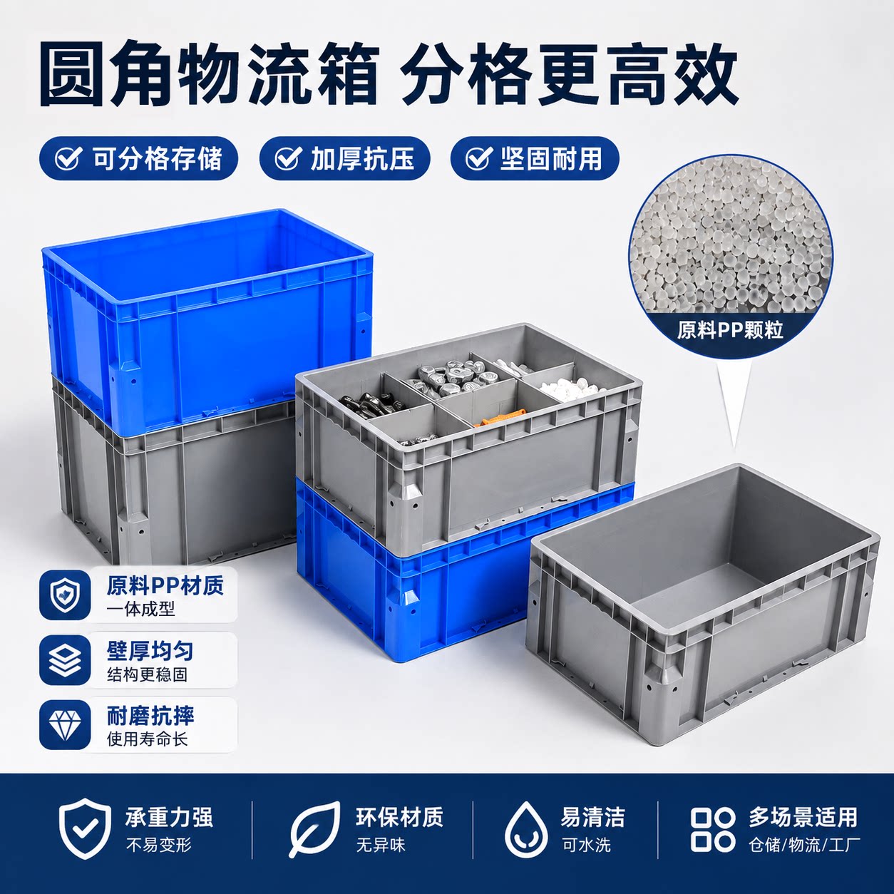 加厚分格物流箱智能化灰色立体库专用圆角物流箱可拆卸收纳盒大号