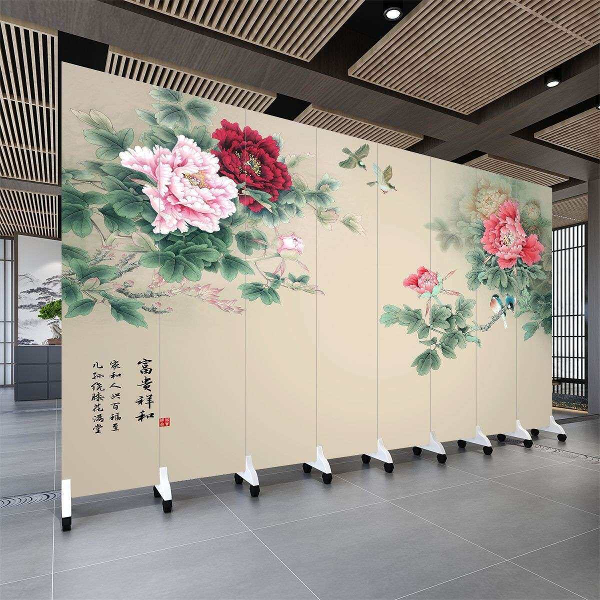 新中式富贵牡丹隔断移动折叠屏风客厅玄关入户书房遮挡隔断折屏风