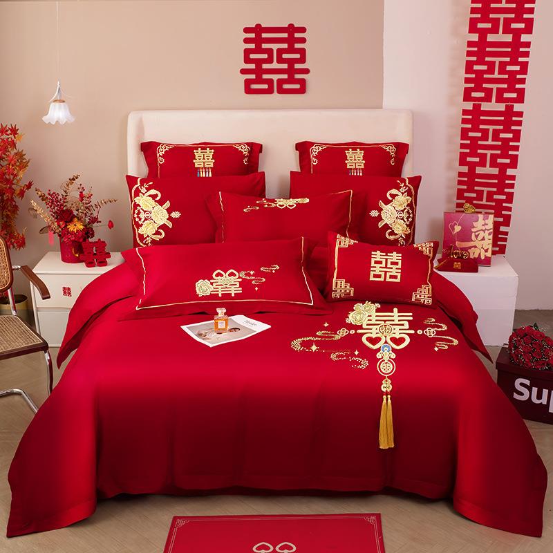 秋冬新款长绒棉婚房四件套婚礼纯棉磨毛加厚结婚床单被套床上用品