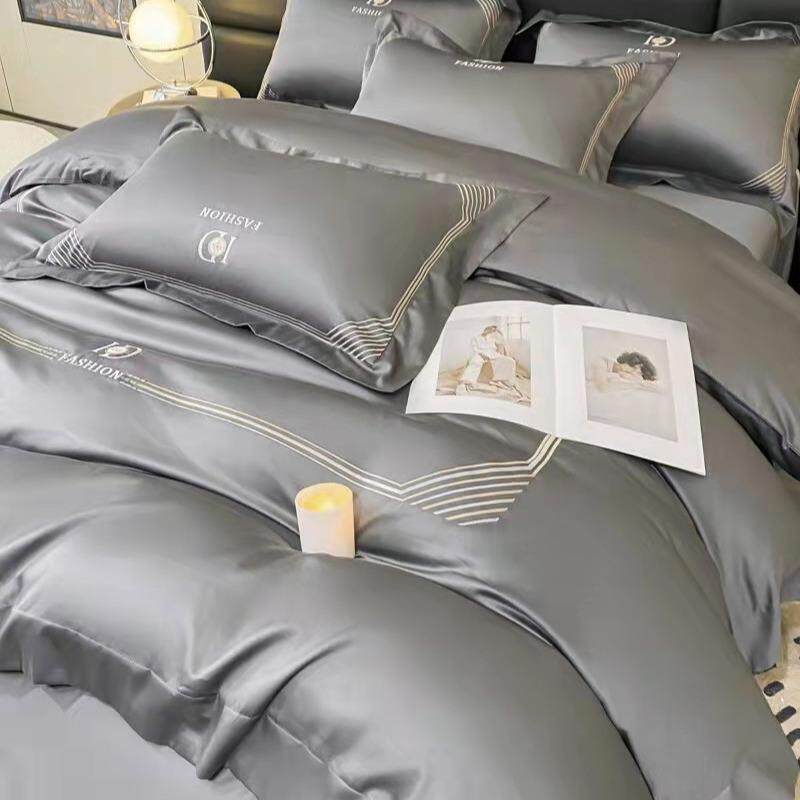 极简轻奢风绣花卧室床品四季款长绒棉素色刺绣四件套家纺床上用品