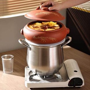 无水汽锅鸡气锅家用蒸汽锅套餐土陶砂锅小汽锅陶瓷隔水炖盅大容量