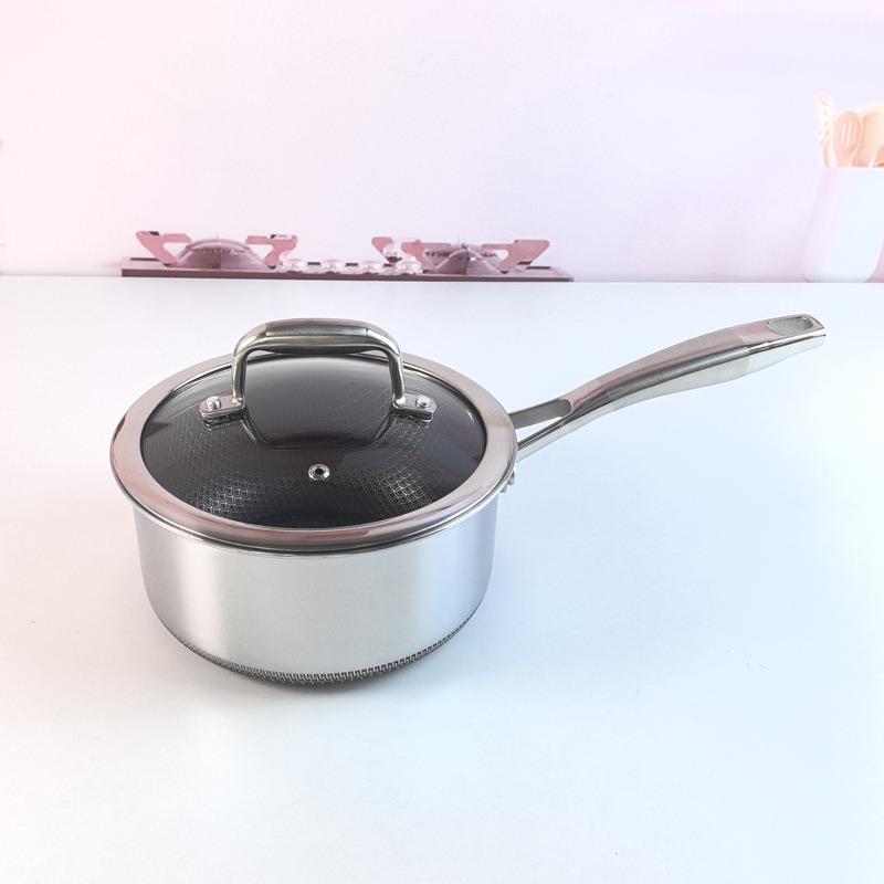 三层钢奶锅不锈钢平底雪平锅18cm煮面锅双面屏鱼鳞纹不粘锅