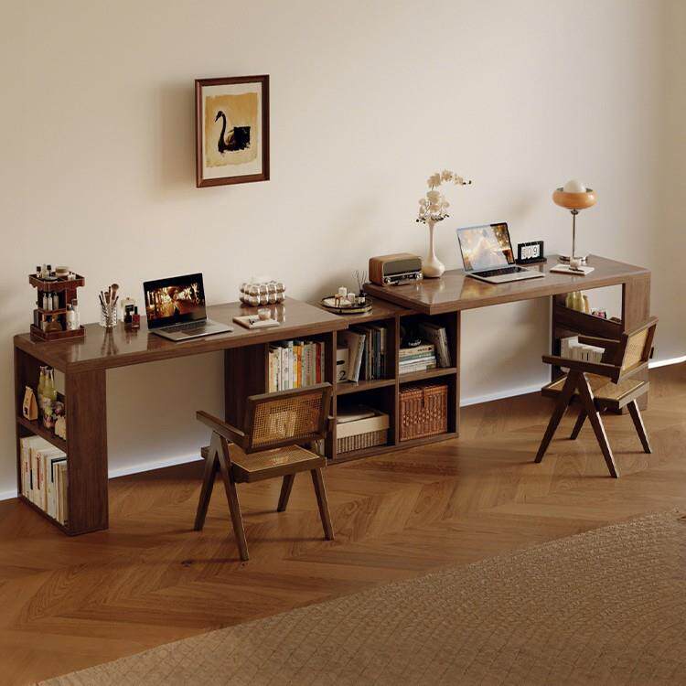 实木双人书桌成人家用学习桌卧室长条桌子收纳柜一体可伸缩电脑桌
