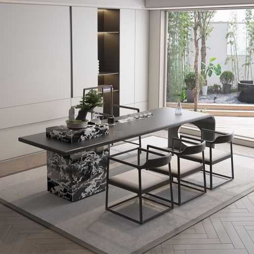 意式轻奢茶台家用 新中式岩板茶桌椅 茶室实木办公泡茶桌设计家具