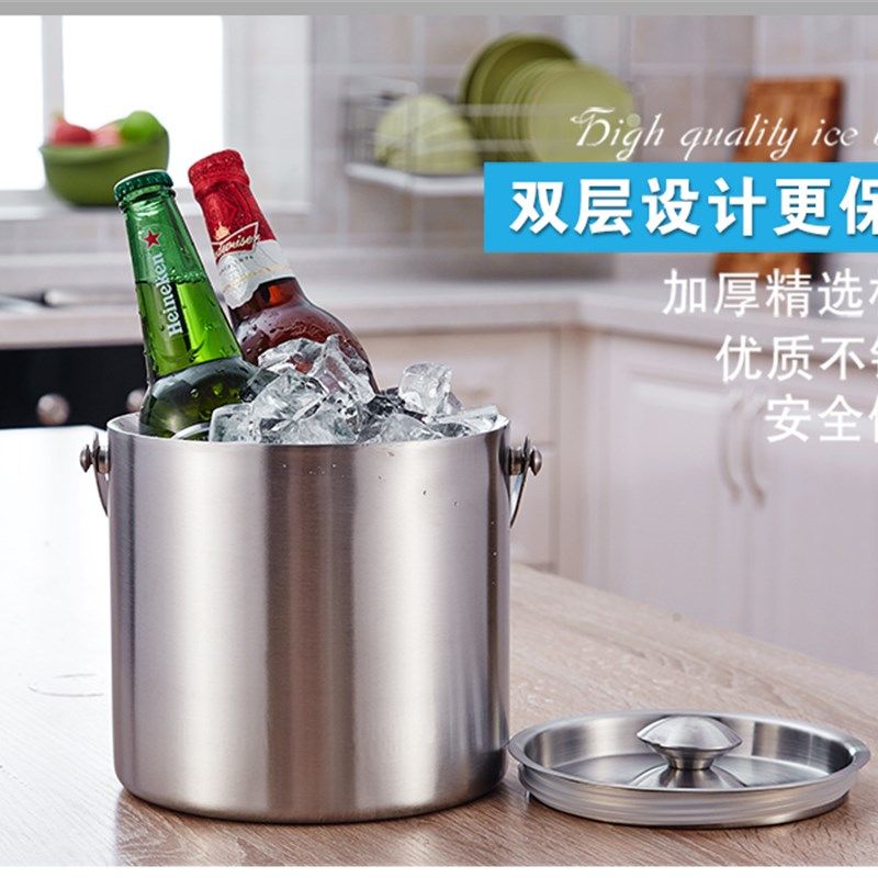 带盖欧式不锈钢冰桶大号双层保温冰块桶香槟桶红酒桶酒吧用品冰夹