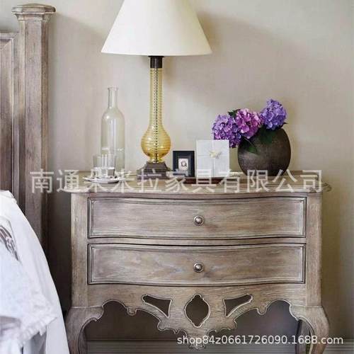 美式乡村实木原木床头柜复古做旧雕花卧室床头储存柜置物柜