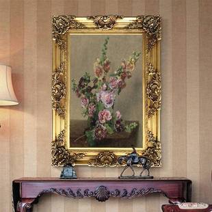 世界名画欧式古典玫瑰厚静物花卉油画客厅玄关装饰画挂画蜀葵竖版