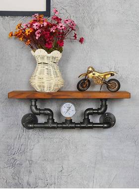 复古水管置物架实木置物架工业风书架墙上花盆架铁艺墙上实木层架