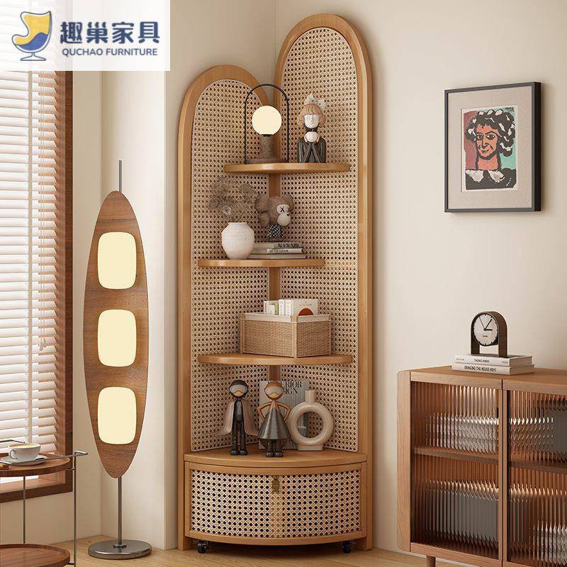 中古风展示柜楠竹转角柜客厅沙发边拐三墙角落置物架书柜餐边收纳
