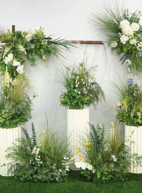 新款高端森系地排花婚庆套装成品白绿色花排婚礼花柱路引盆花美陈