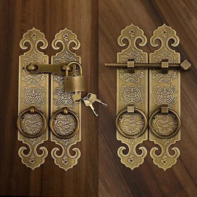 中式仿古纯铜门锁加厚大门拉手花格门雕花门把手拉环锁扣带锁民宿