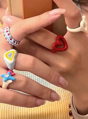 Colorful Enamel Heart Sweet Ring  Geometric Dripping Oil for