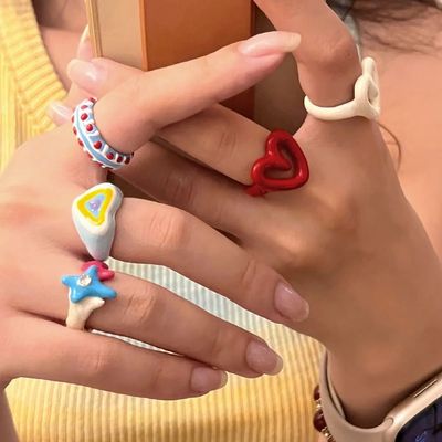 Colorful Enamel Heart Sweet Ring  Geometric Dripping Oil for