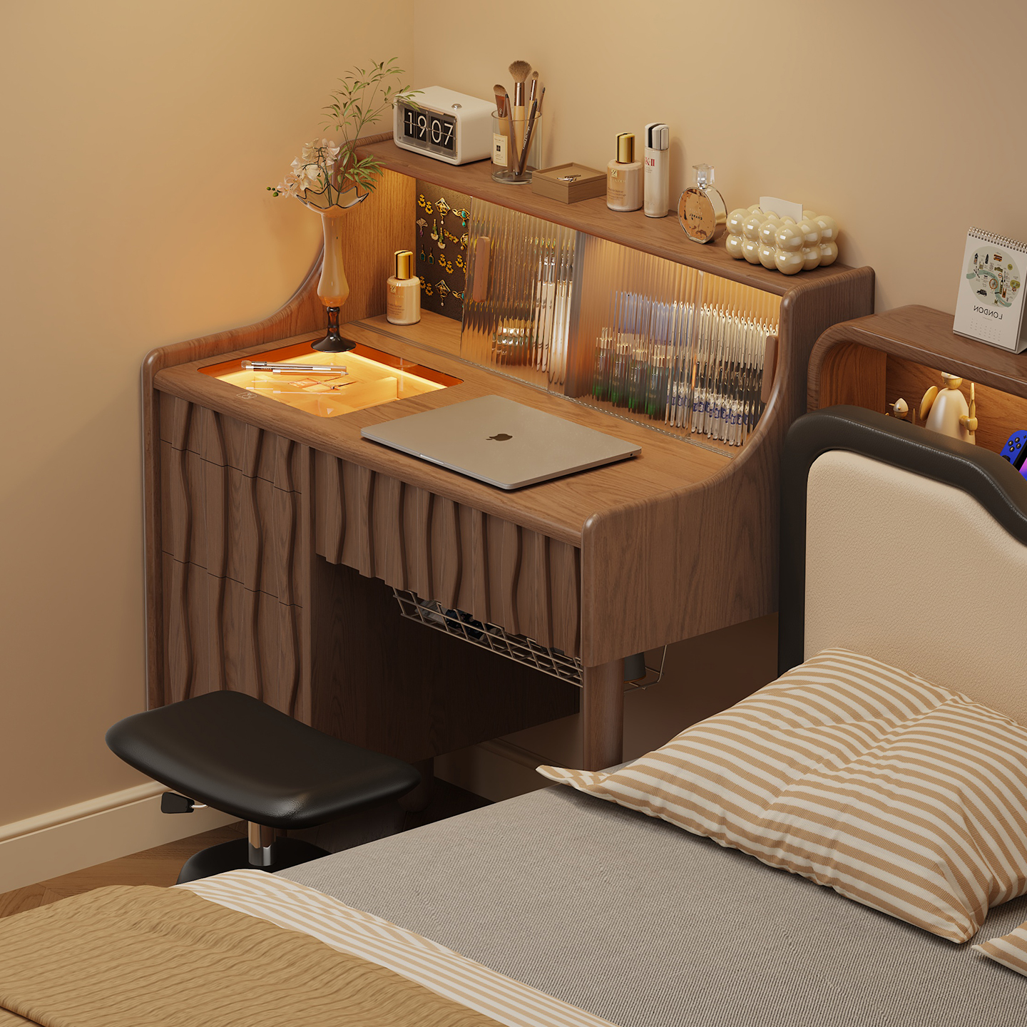 现代简约卧室化妆台收纳柜一体全实木翻盖梳妆台书桌二合一80公分