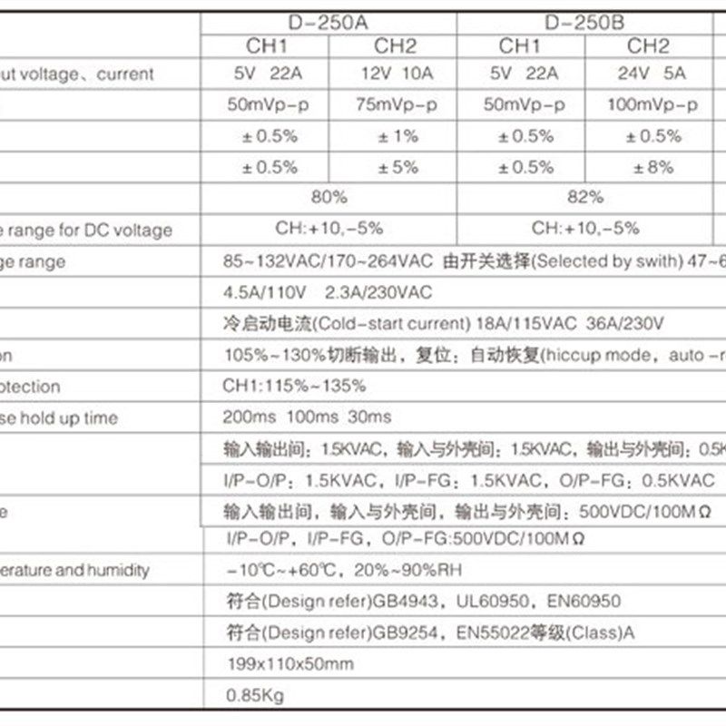 双组双路输出开关电源D-250A5V12V D-250B5V2M4V D-250C12V24V