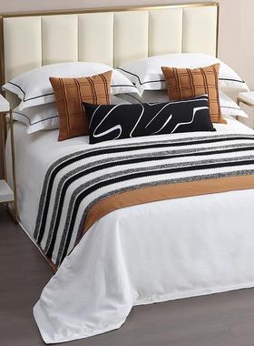 现代北欧样板间黑橙色床上用品十一件套售楼部展厅软装摆场可