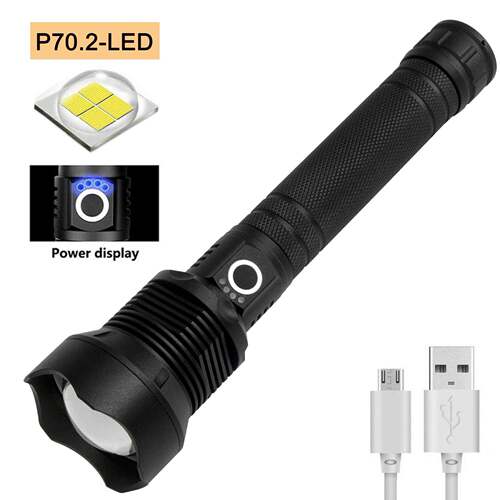 新款铝合金XHP70USB充电电量显示大功率伸缩变焦LED手电筒