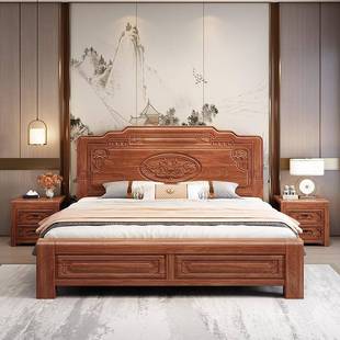 金花梨木榫卯床边实木床主卧中式 1.8m双人大床仿古典雕花婚床家具