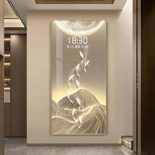 电子钟表玄关挂画带温度显示数显夜光时钟装饰画金帆麋鹿雷达感应
