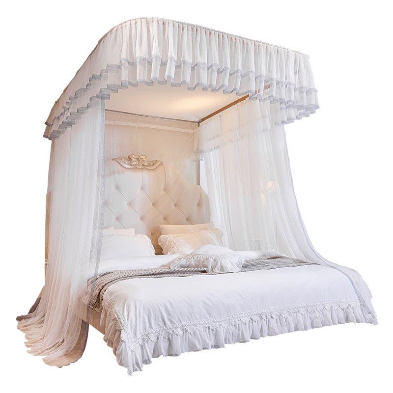 2024新款高级u型导轨蚊帐家A用卧室三开门公主风床幔加密落地支架