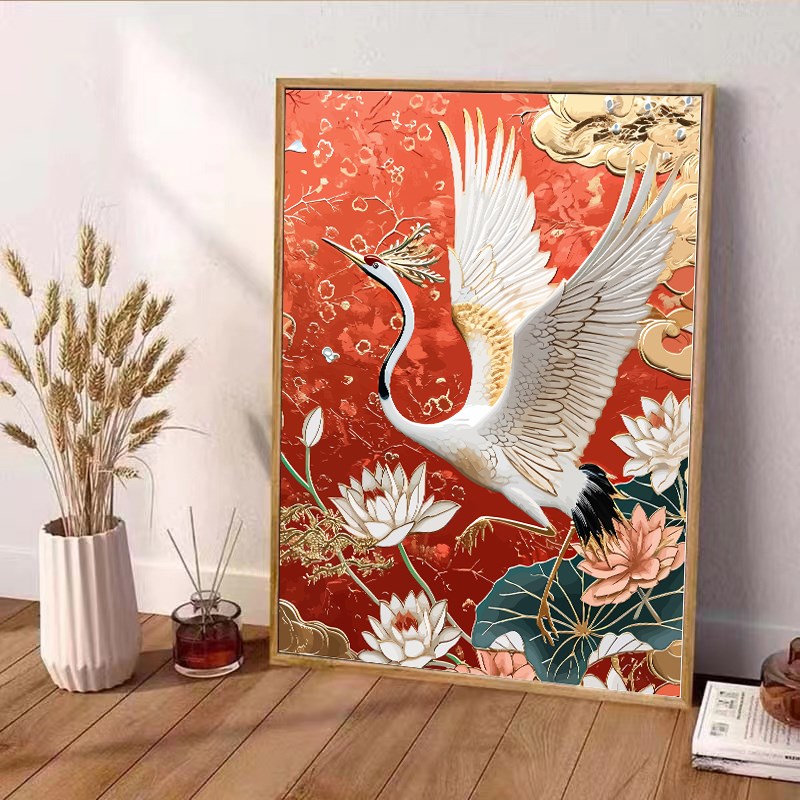 中国风唯美仙鹤数字油画diyx填充画画填色油彩画手工涂色丙烯手绘