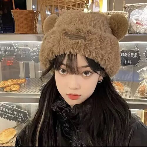 可爱小熊毛线帽子女冬季加厚毛绒保暖毛毛包头帽秋冬大头围针织帽