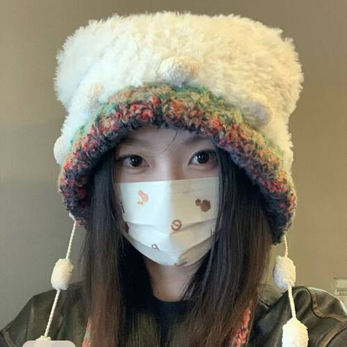 秋冬韩版可爱小熊毛绒针织帽子女彩色绑带护耳帽显脸小雷锋帽