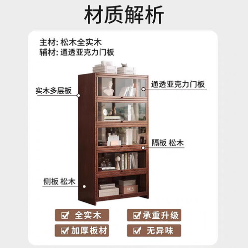 美式书柜储物柜一体胡桃木色展示置物柜子客厅落地防尘书架