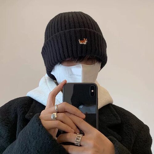 韩国可爱柯基毛线帽女秋冬韩版保暖护耳针织帽个性刺绣小狗冷帽男