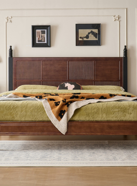 中古风拼色实木床现代简约1.5M1.8M单双人床红橡木法式复古主卧床